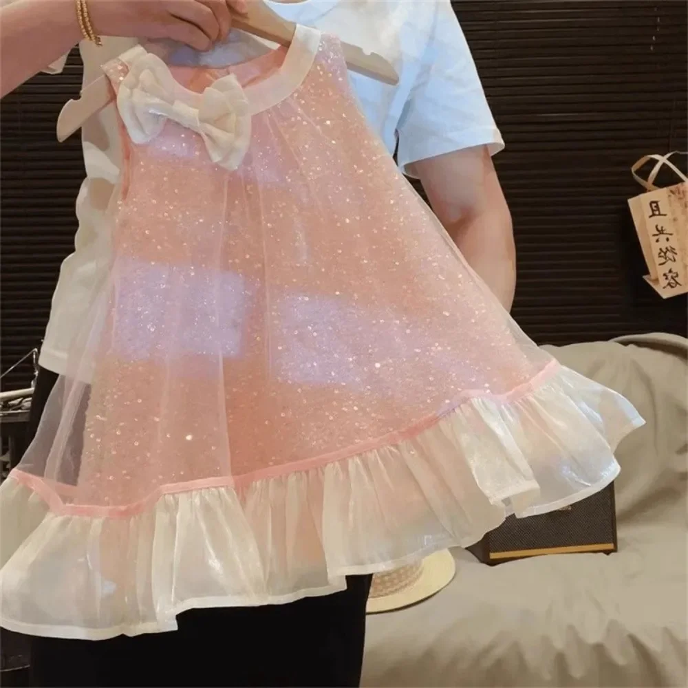 Bear Leader Bow Decoration Pink Girls Dress Summer New Sleeveless Mesh Sequin Princess Dresses Birthday Party Kids Clothes