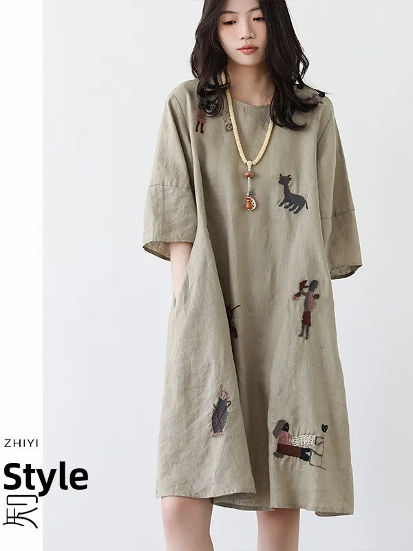 Grande taille imprimé fleuri lin coton irt Dr femmes été 3/4 Sve jupe trapèze minceur dissimulant T-shirt Dr