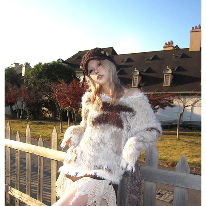 

Y2K свитер с открытыми плечами женский Harajuku винтажный принт вязаные пуловеры гранж сексуальные трикотажные изделия с длинными рукавами зимние свободные джемперы