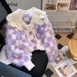 Neploe French Gentle Style Short Lace Doll Neck Sweater Coat 2024 Women Autumn Winter High Grade Checkerboard Knitted Cardigan