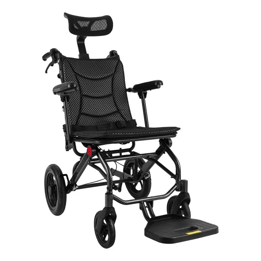 Silla de ruedas de viaje reclinable, silla de ruedas de transporte reclinable plegable para todo terreno con cinturón de seguridad y reposacabezas, silla de ruedas portátil