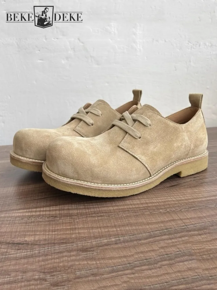 

Vintage Office Men Genuine Leather Dress Shoes Lace Up Spring Business Casual Round Toe Design Handmade Suede Work Derby Shoes