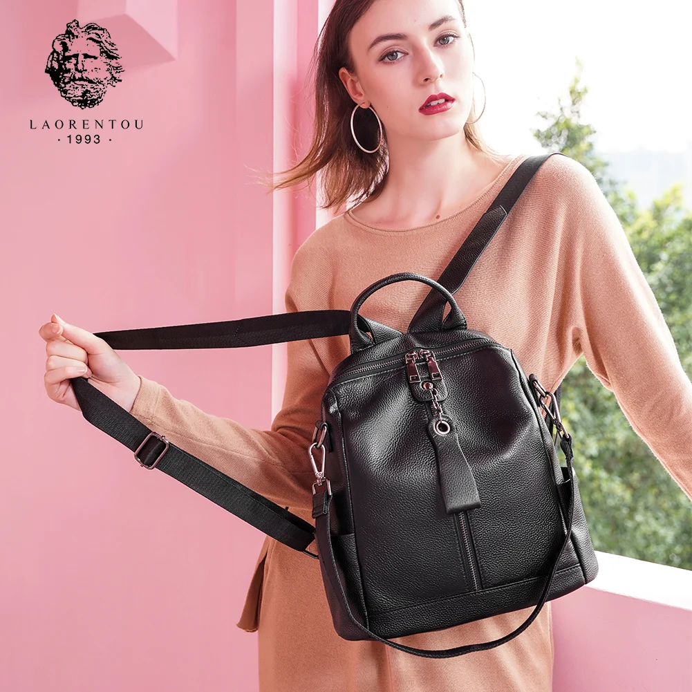 LAORENTOU Cowhide Leather Backpack For Women Fashion Casual Large Capacity Shoulder Handbag Purse,Gift For Girlfriend,Wife,Lover
