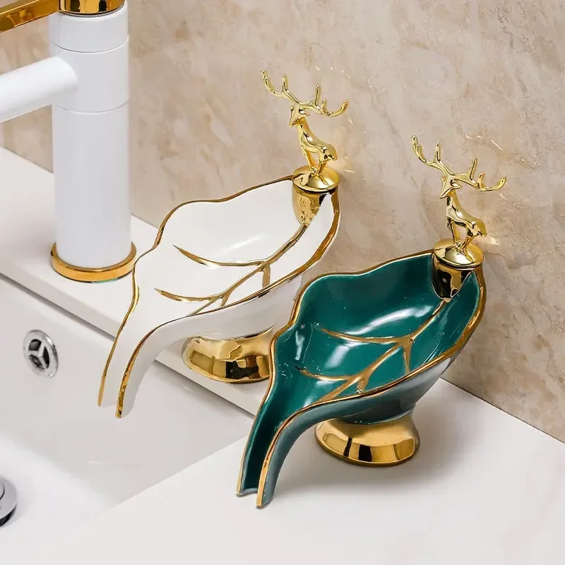 Luxury Ceramic Soap Dish Golden Deer Leaf Soap Dish Self Bathroom Box Tray Waterfall Holder Soap Holder Bathroom Accessories