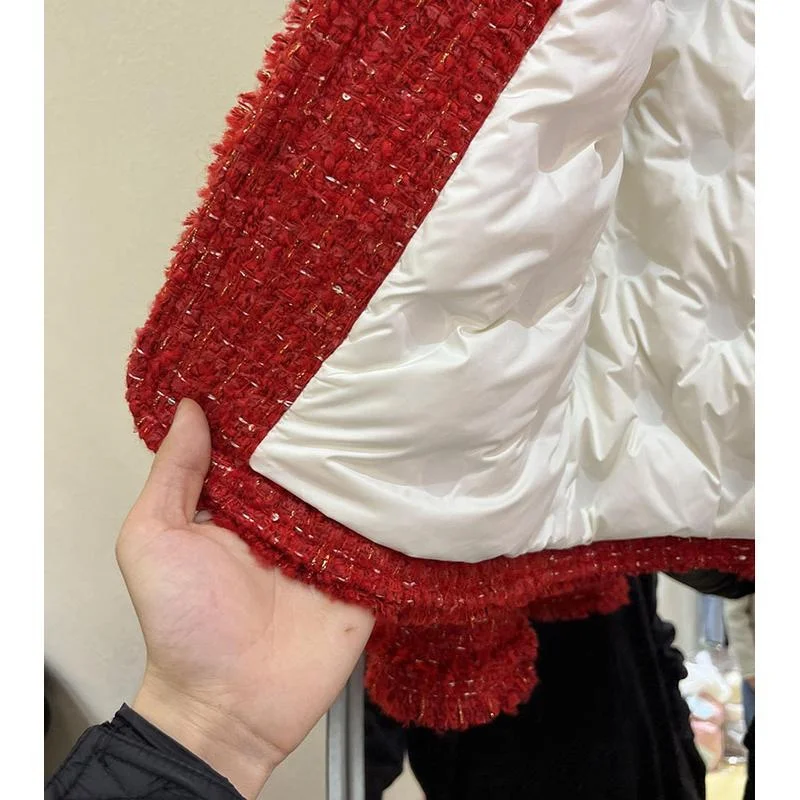 Red Cropped Tweed Coat Women Korean Fashion Long Sleeve Autumn Winter Jacket Single Breasted Down Cotton Lined Warm Lady Outwear