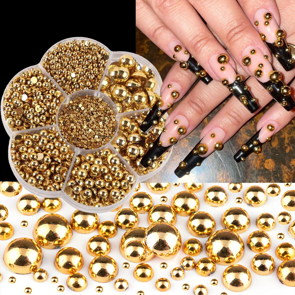 

7-Grid Gold Pearl Nail Art Decorations Half Round Caviar Bead Ball Nail Rivets Charms 6-Sizes Punk Shiny Pearl Beads Nail Supply
