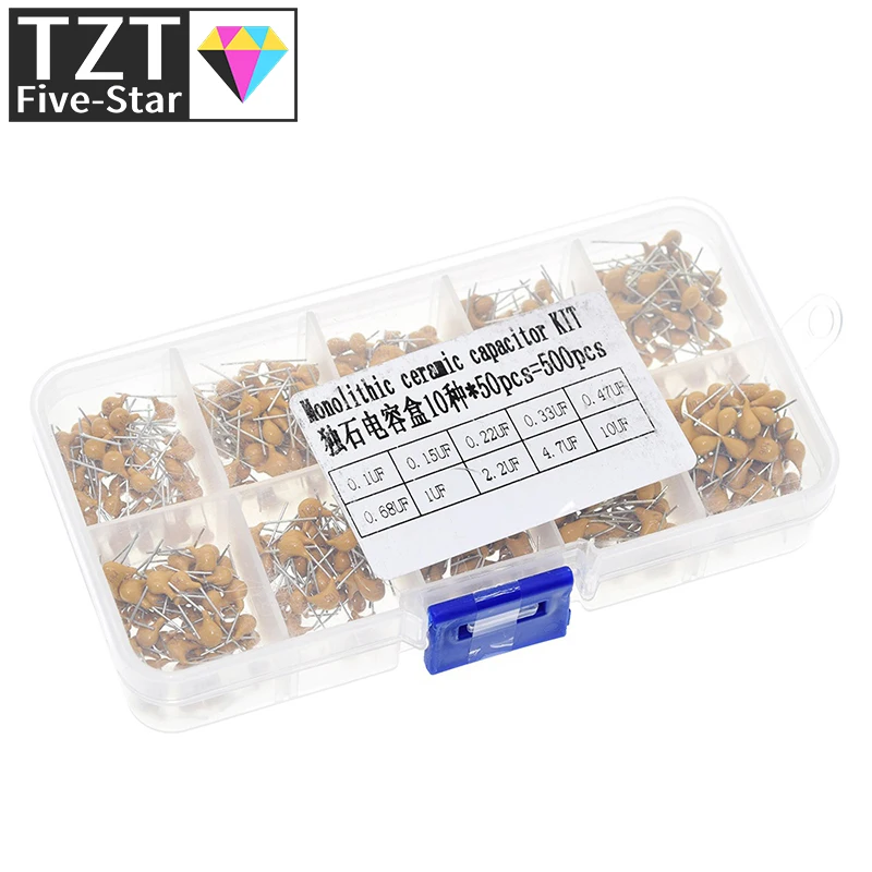 

TZT 500pcs/lot 10Values*50pcs 0.1uF-10uF(104~106) 50V Multilayer Ceramic Capacitors Assorted Kit Assortment Set with Storage Box