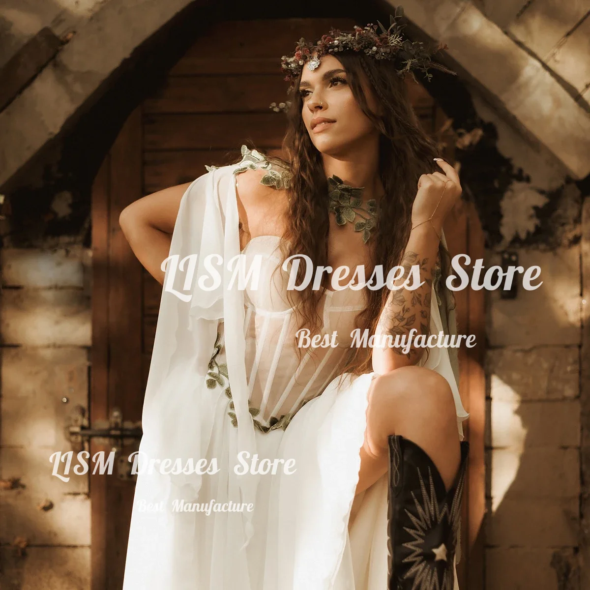 Lism Sweetheart Chiffon Irregular A Line Bridal Gowns Basque V Drop Waist Long Flare Slit Sleeves Wedding Dress Colored Cape