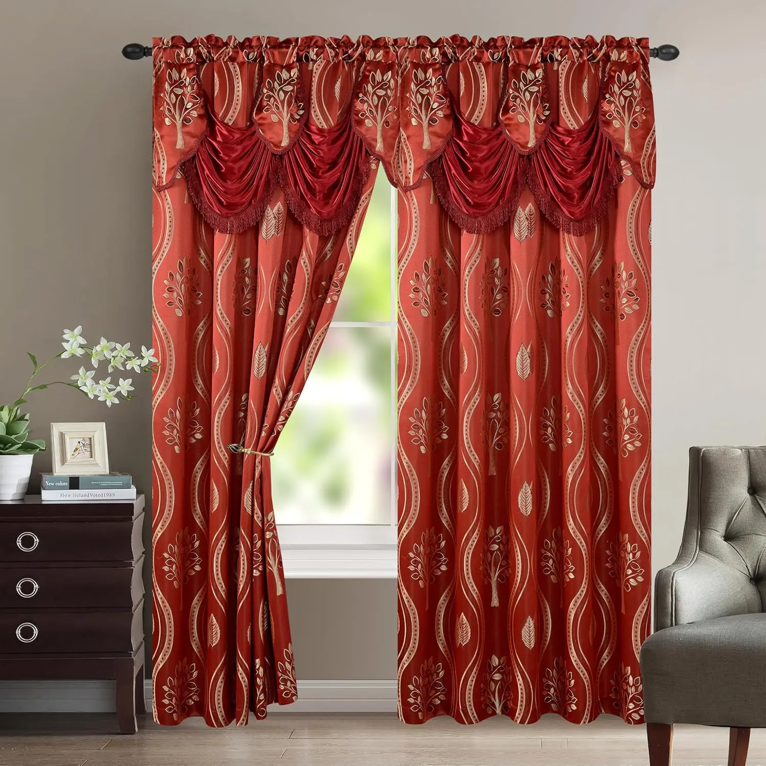 

Luxurious Beautiful Curtain Panel Set with Attached Valance and Backing 54" X 84 inch (Set of 2), Burgundy