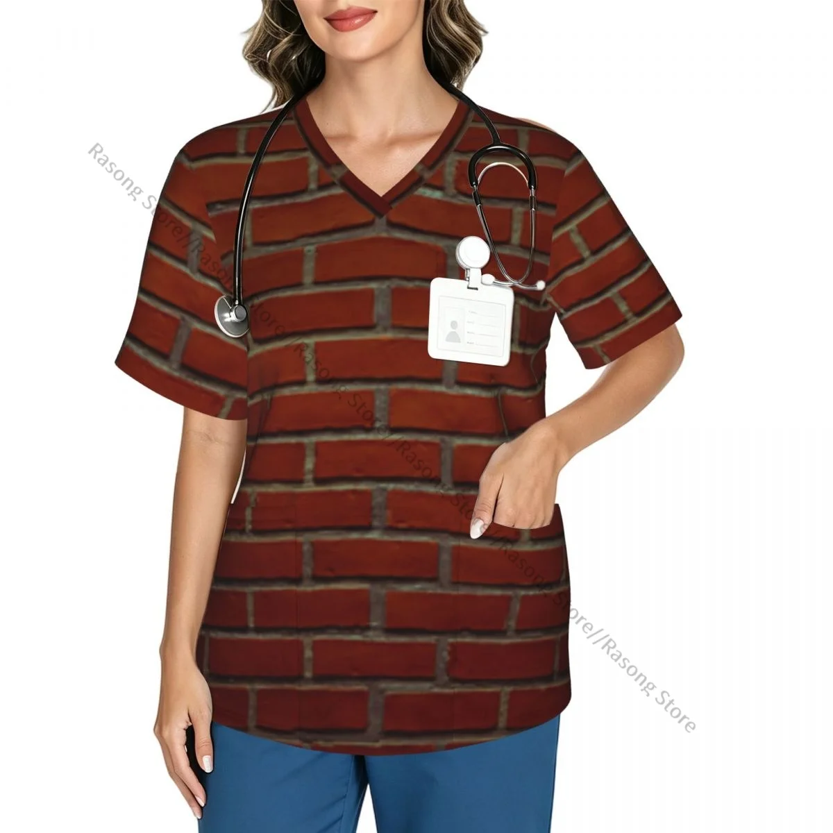 Red Brick Wall Scrubs Medical Uniforms Women V Neck Short Sleeve Tunic Scrubs Tops Nursing Surgical Uniforms