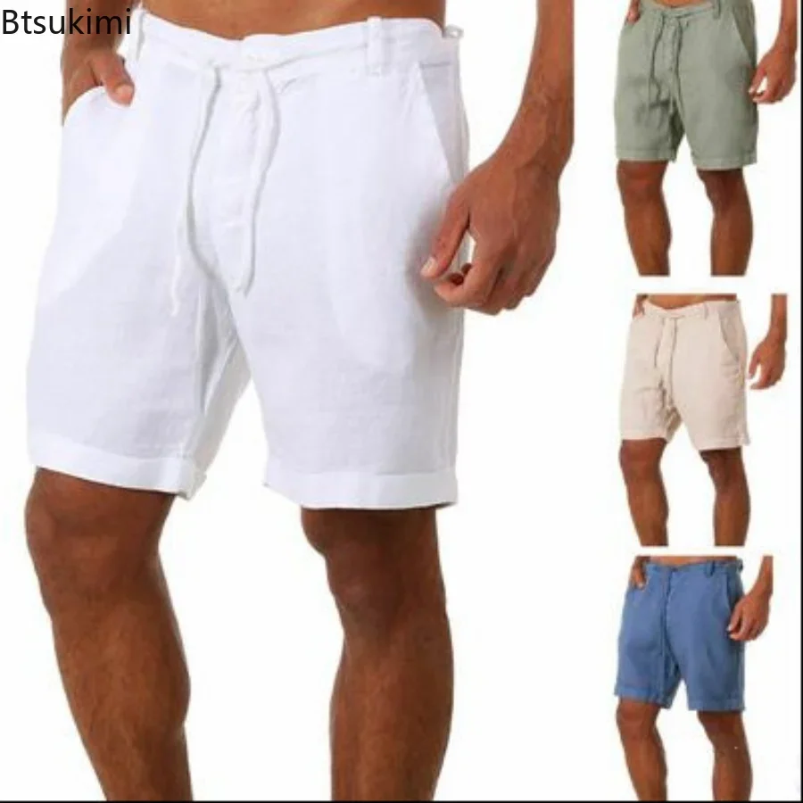 

New 2024 Men's Casual Cotton Line Shorts Solid Summer Short Trousers Male Loose Breathable Beach Shorts Male Fitness Streetwear