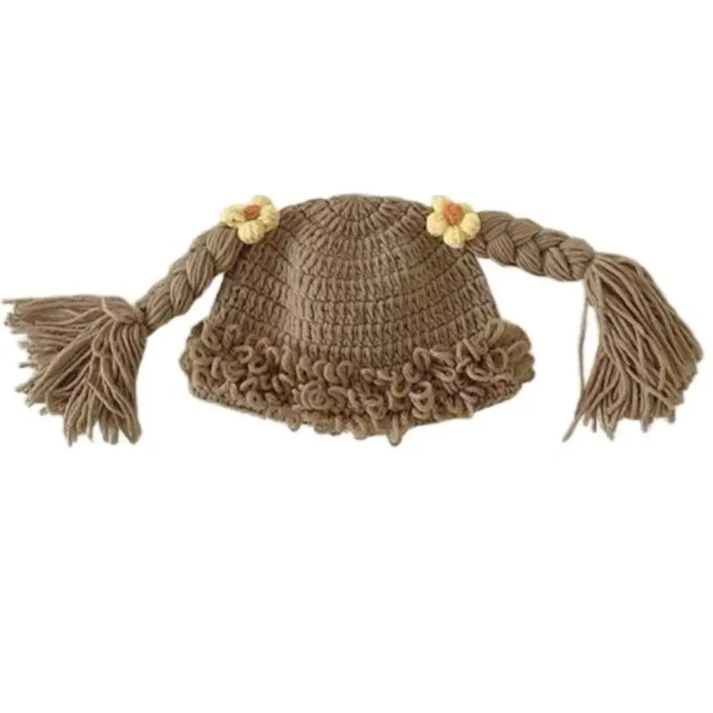 

Personality Breathable Baby Braid Wig Hat Elastic Flower Baby Woolen Cap Bow Brimless Kids Knitted Hat Keep Warm
