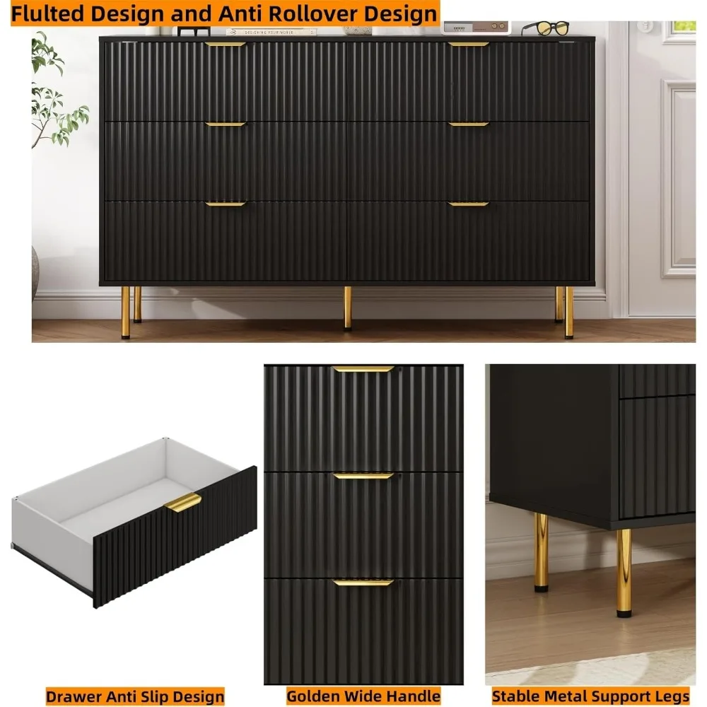 خزانة عريضة حديثة ذات 6 أدراج لغرفة النوم، منظم تخزين خشبي بتصميم مخدد