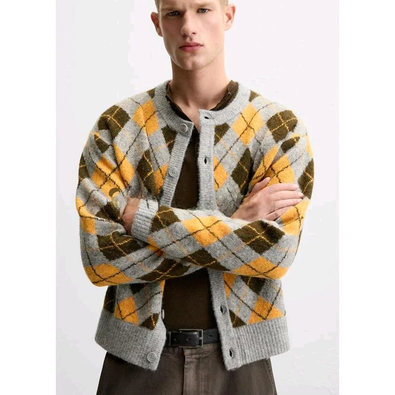 

Spring New Men's Long Sve round Ne Knitted Sweater Coat Embroidered Diamond Pattern Loose Fit Casual Youth Sle
