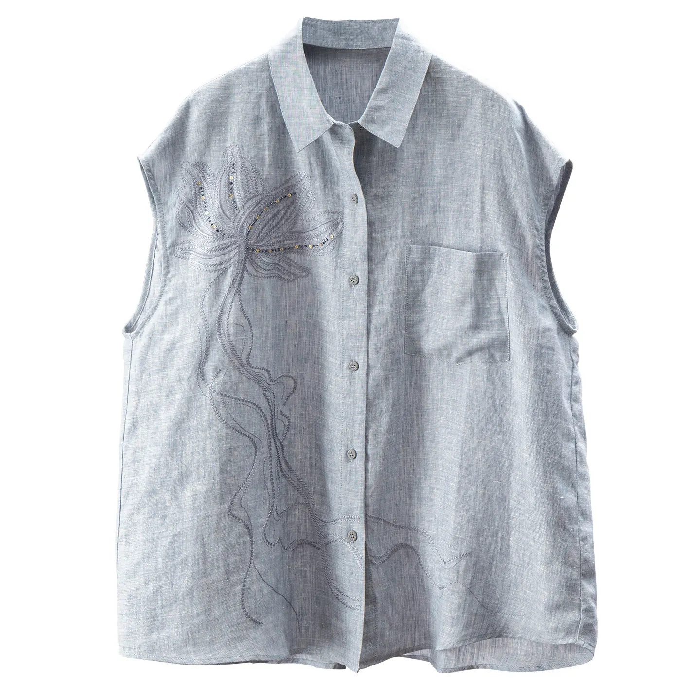 

French High-quality Dyed Linen Beaded Embroidered Vest Shirt Women 24W9 Blusas Femininas Com Frete Gratis