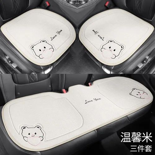 Imagen 2 del producto Fundas para asientos de coche con diseño de oso de dibujos animados, almohadillas cuadradas antideslizantes y transpirables de lino, almohadillas para asiento trasero de coche, 3 uds.