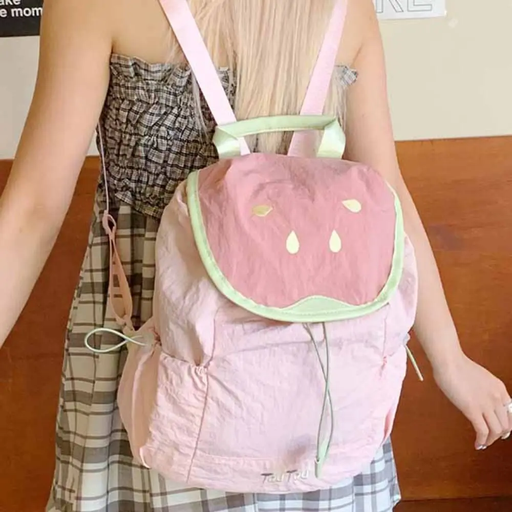 도파민 컬러 딸기 드로스트링 백팩 여행용 한국 스타일 과일 나일론 백팩 방수 통근 하이킹 숄더백