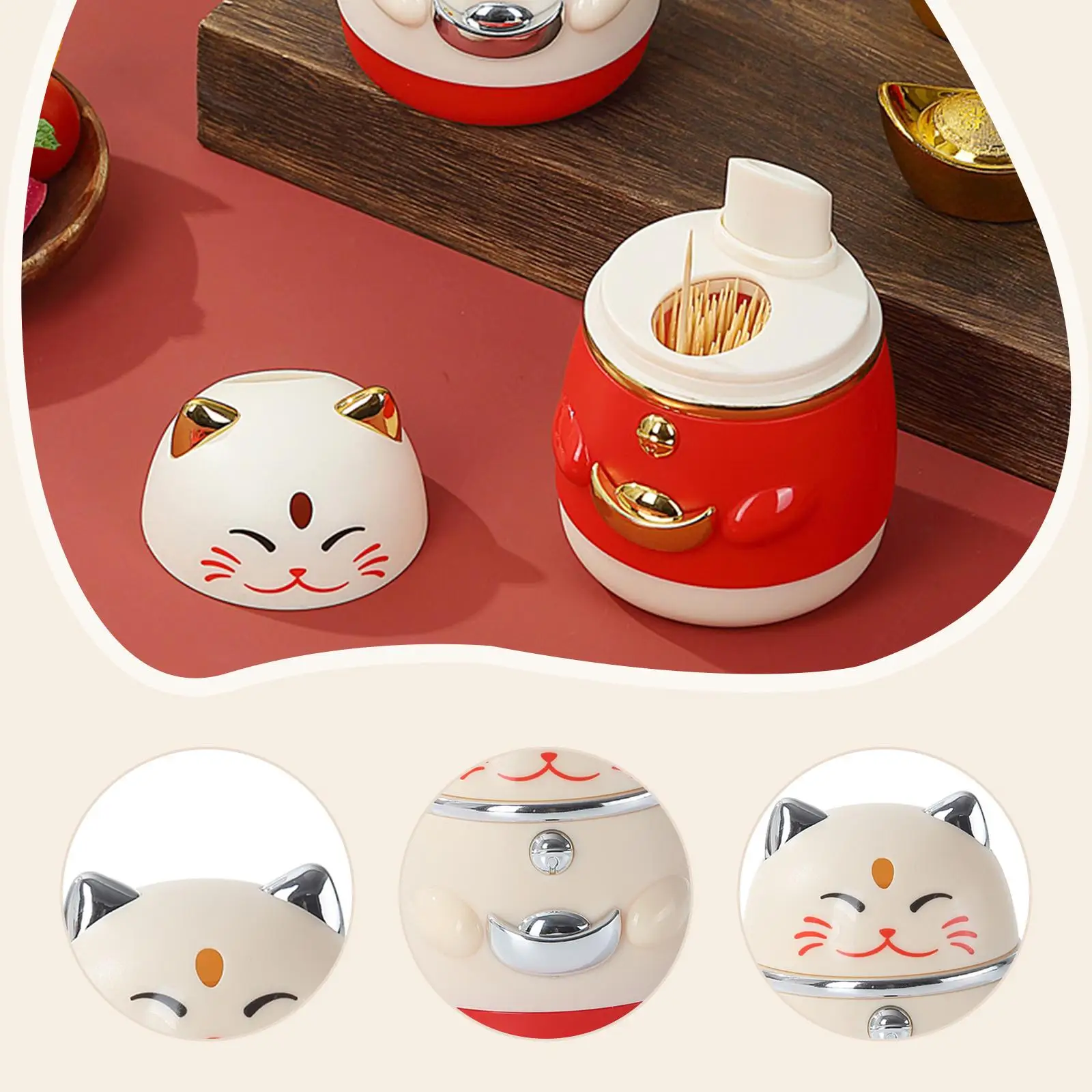 Lucky Cat Toothpick Holder Automatic Press Dispenser Cute Cartoon Organizer for Kitchen Dining Table Decor