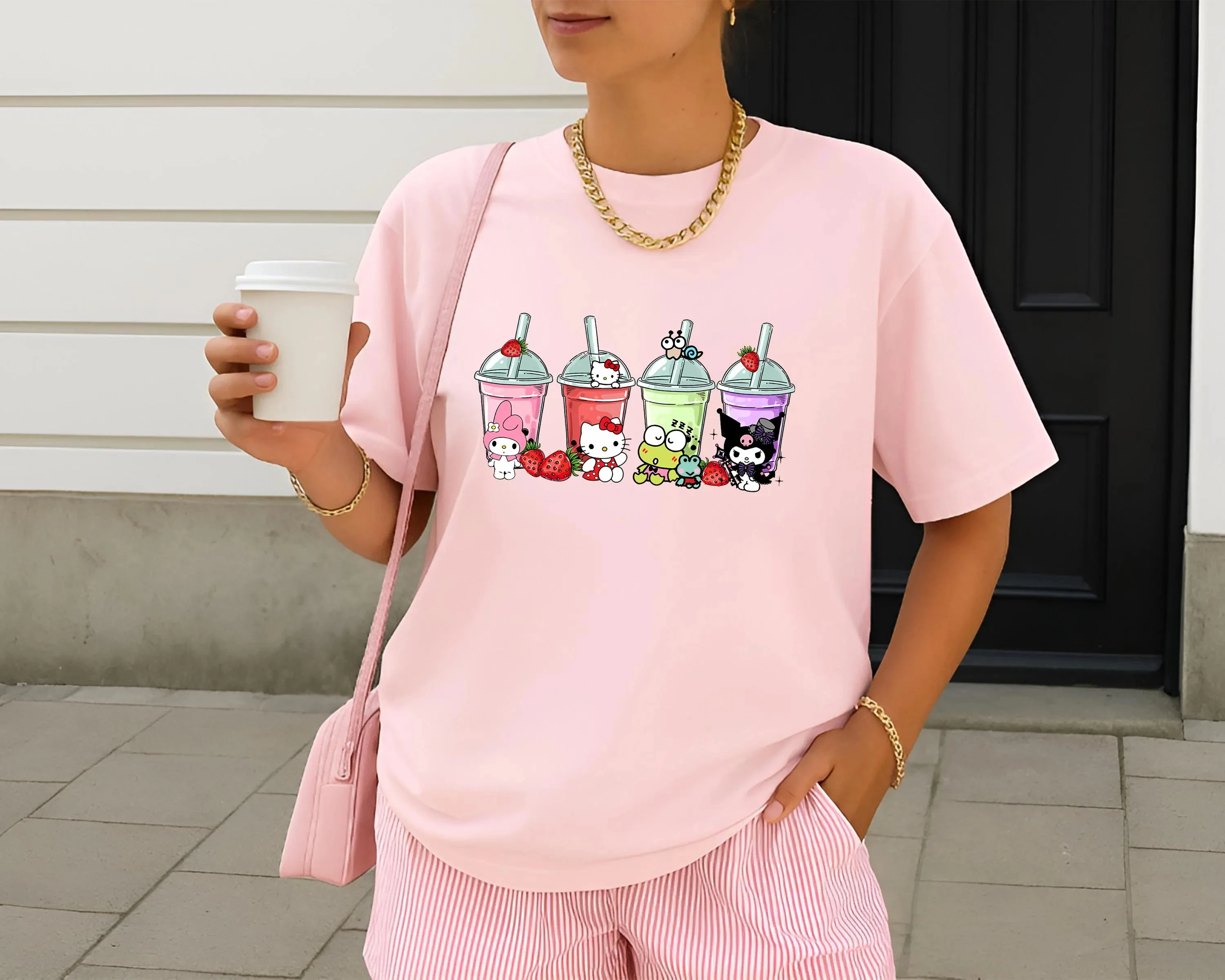 

2026 Summer Sanrio Family "Summer Ice Drink" Theme 100% Cotton Printed Short-sleeved T-shirt for Children and Boys Y2k