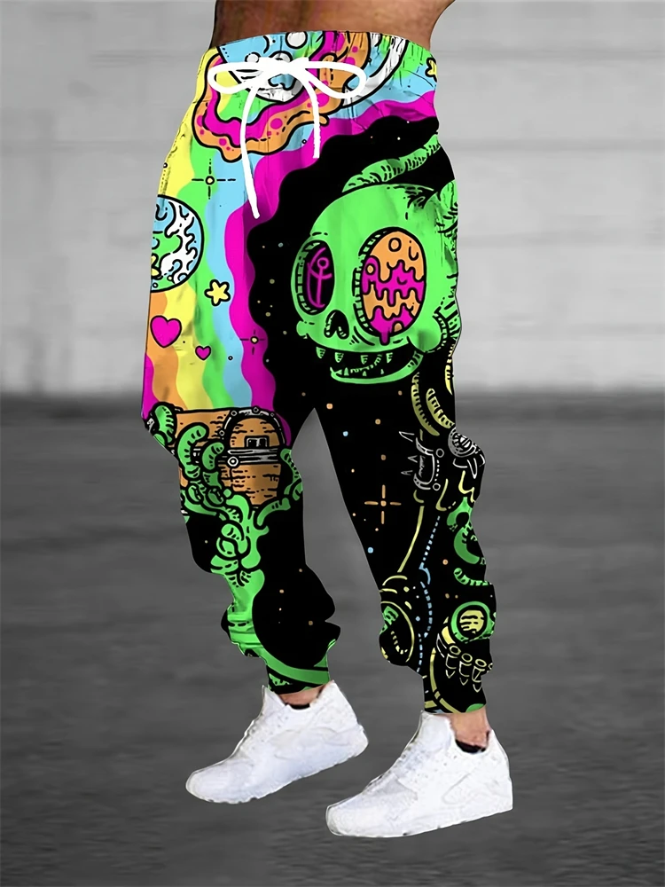 

Summer Men's Relaxed-Fit Casual Pants Pink Floral Skull 3D Print Fashion Cuffed Pants Drawstring Design Men's Casual Pants