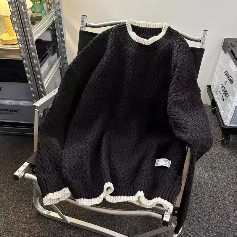 

Мужской свободный свитер с высоким воротом и волнообразным узором, повседневный, из полиэстера, с длинными рукавами, осенне-зимний топ