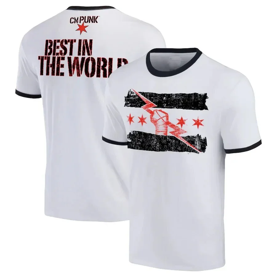Men’s CM Punk Wrestling T-Shirt, Vintage Chicago Flag Lightning Fist Double-Sided Print Black Daily