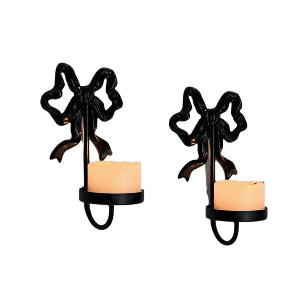 

2PCS Vintage Wrought Iron Bow Candlestick Exquisite Gold Wall Mounted Candlestick Decorative Candle Stand Courtyard