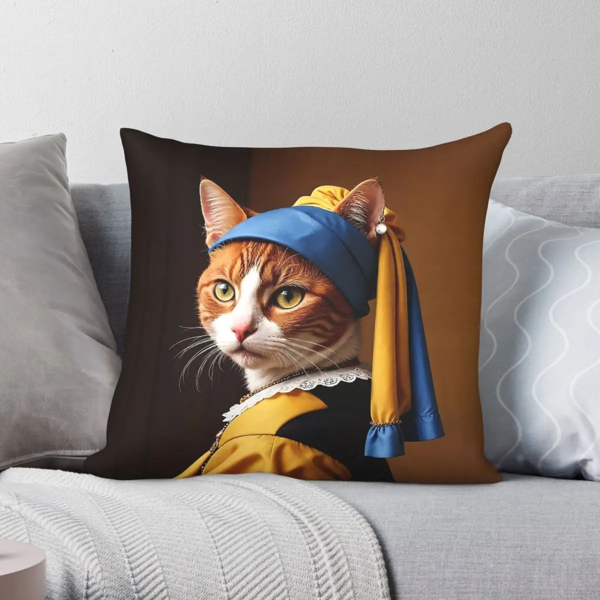 Cat With The Pearl Earring Pillowcase Polyester Linen Velvet Printed Zip Decorative Throw Pillow Case Home Cushion Cover