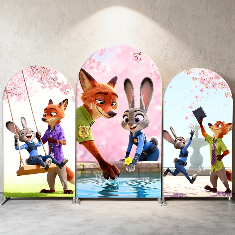 

Zootopia Judy & Nick Arch Backdrop Cover Cherry Blossom Scene Cute Cartoon Decor for Birthday and Baby Shower Photo Booth