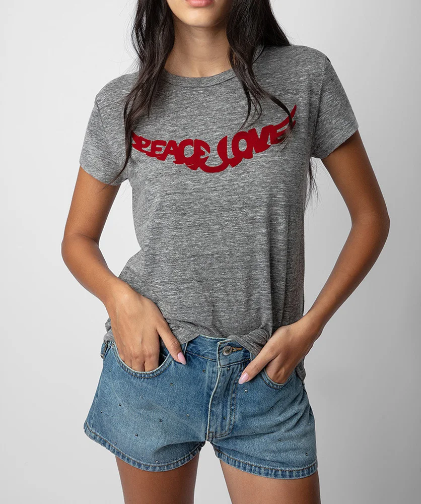 Flocking Letter Peace Love Wing Cotton T-Shirt For Women Summer O-Neck Short Sleeve Tops Fashion Casual Y2K Tee