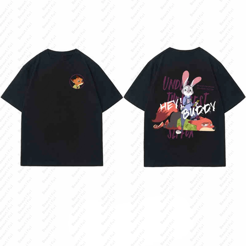 （Miniso） Zootopia Nick Judy Lovers Short-Sleeved T-Shirt For Men And Women Small Simple Korean Version Of Loose Half-Sleeved Top