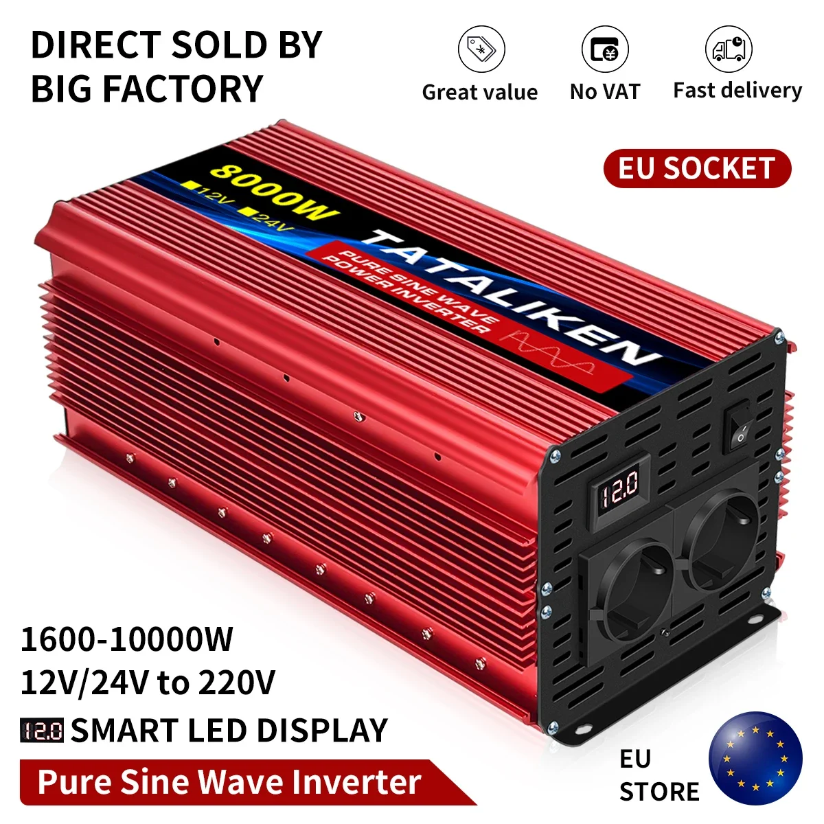 Pure Sine Wave 8000W 7000W 6000W EU Socket Car Power Inverter DC 12V to AC 220V 50HZ Voltage Converter with  Smart LCD Screen