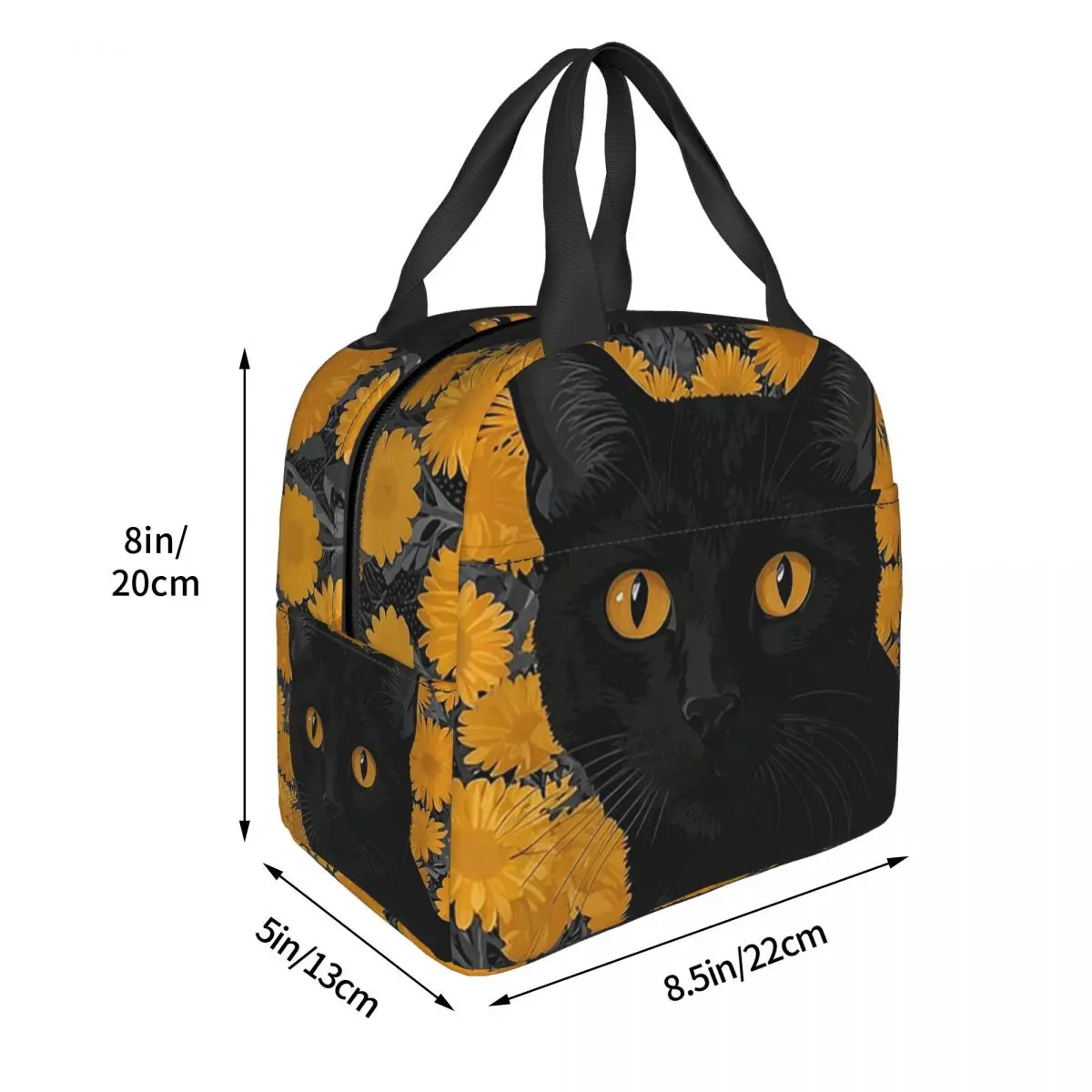 Sunflowers Surround Black Cat Pattern Insulated Lunch Bag for Women Children Portable Food Boxes Thermal Lunch Box Tote