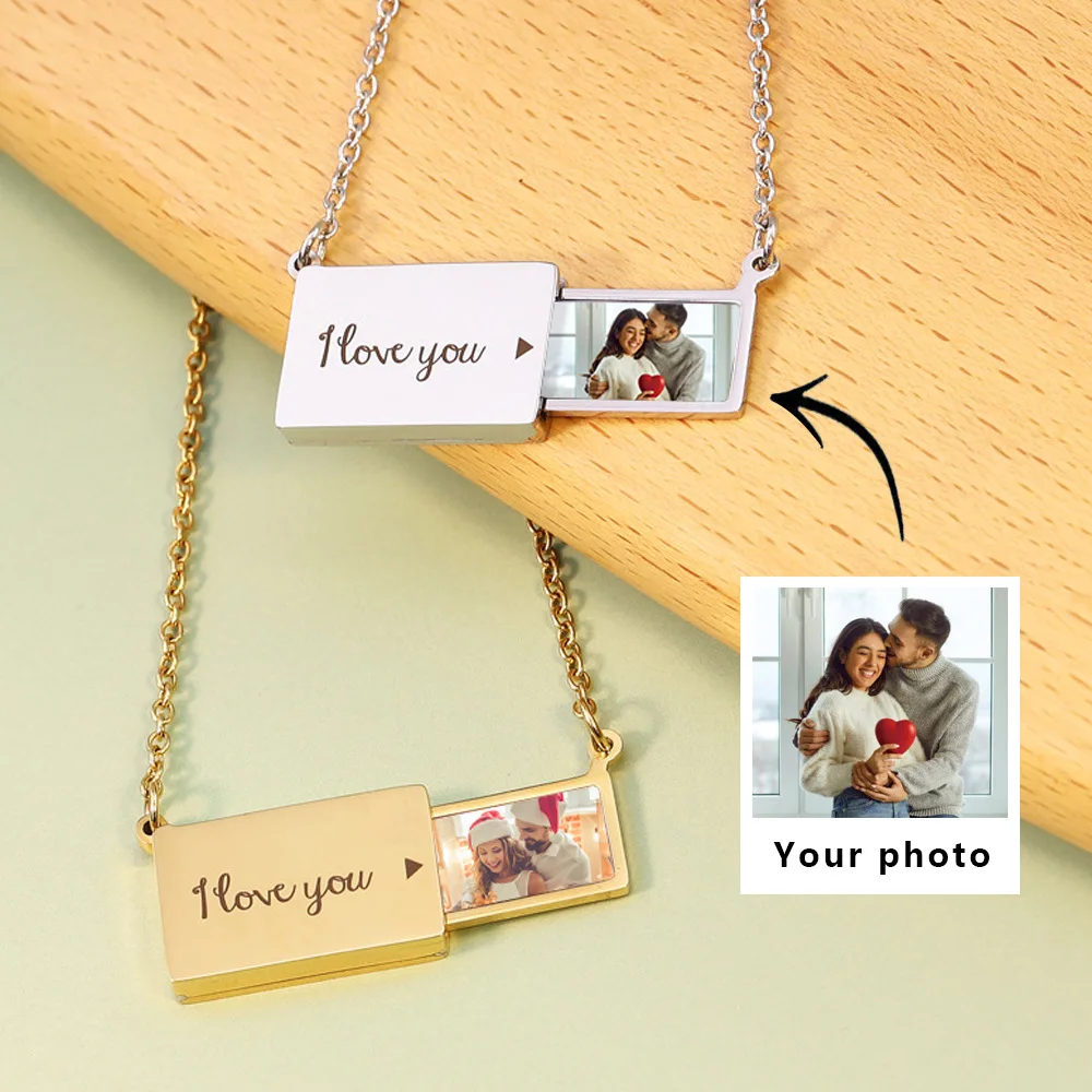 LeeChee Envelope Custom Photo Personalized Pendant Necklace With I Love You Statements Words Stainless Steel Anniversary Gift