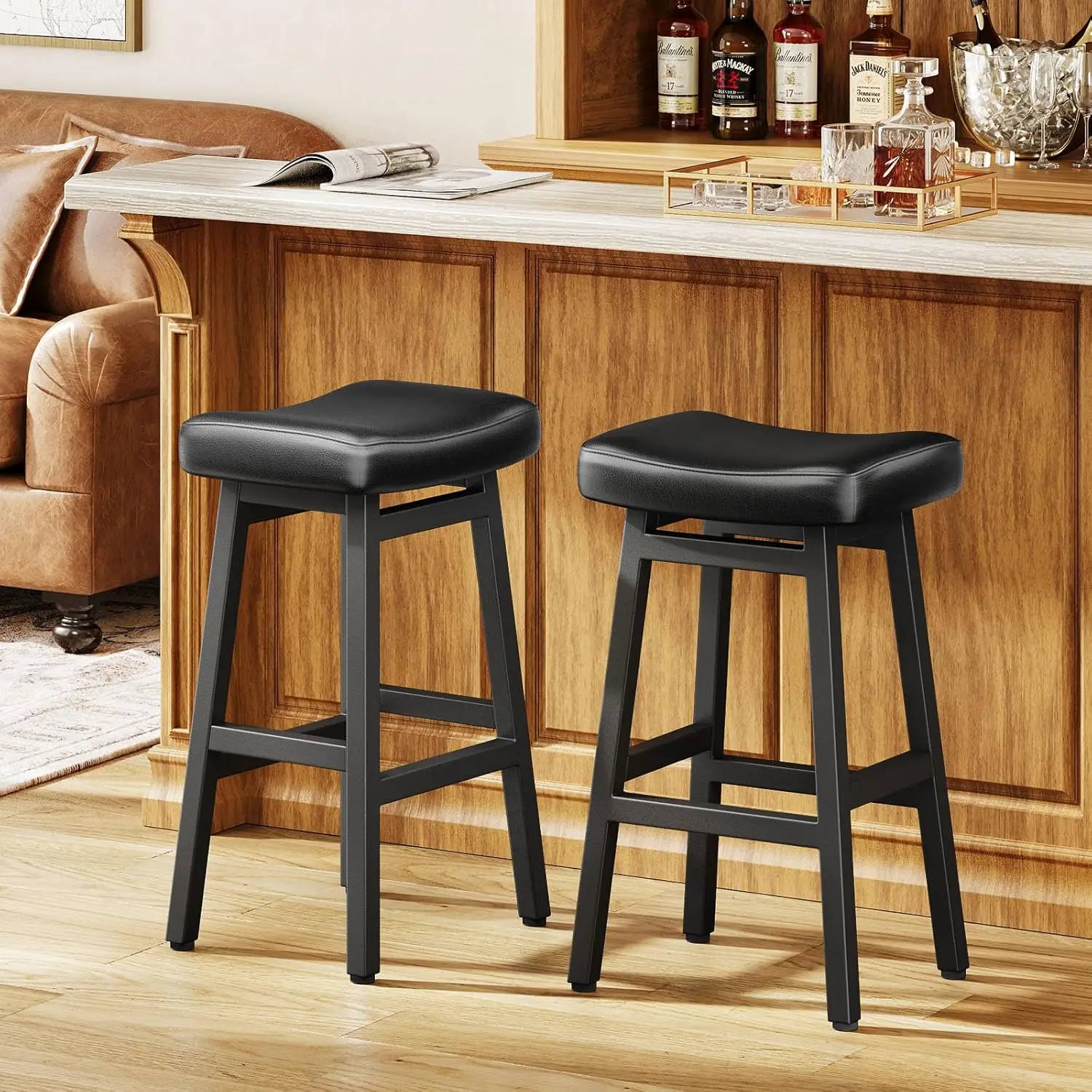 

29 Inches Bar Stools Set of 2, Bar Height Barstools for Home Counter, Blackless Barstool with Bonded Leather Saddle Seats & H