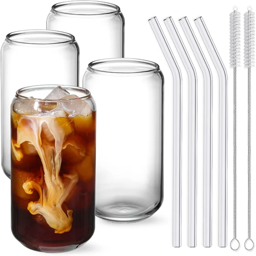 

4pcs Set of Drinking Glasses with Glass Straw and 2 Brushes - 16oz Highball Glass Cups Ideal for Whiskey Soda Iced Coffee Tea W