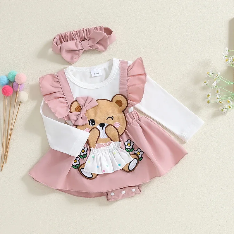 Baby Girl Fall Romper Dress Bear Embroidery Long Sleeve Fake Two Pieces Jumpsuit with Bow Headband