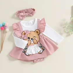 Baby Girl Fall Romper Dress Bear Embroidery Long Sleeve Fake Two Pieces Jumpsuit with Bow Headband