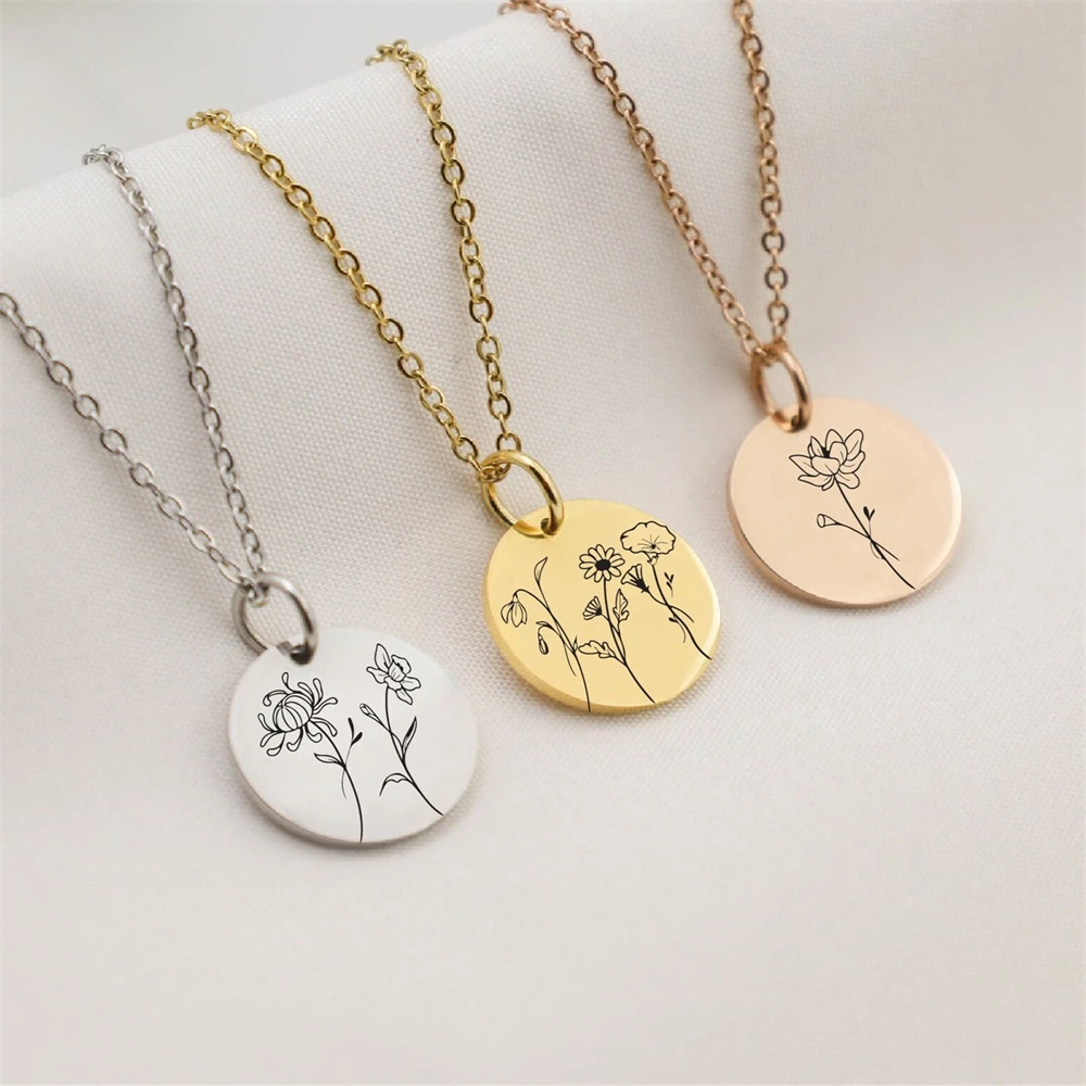 Custom Personalizado Birthflower Necklace Stainless Steel Jewellery Woman Engrave Flower Charm Necklace Birthday Customized Gift