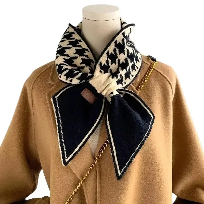 

Warm Cashmere Neck Tie Scarf for Women Plaid Neckerchief Knitted Scarfs Long Skinny Small Scarves Bandana Female Foulard