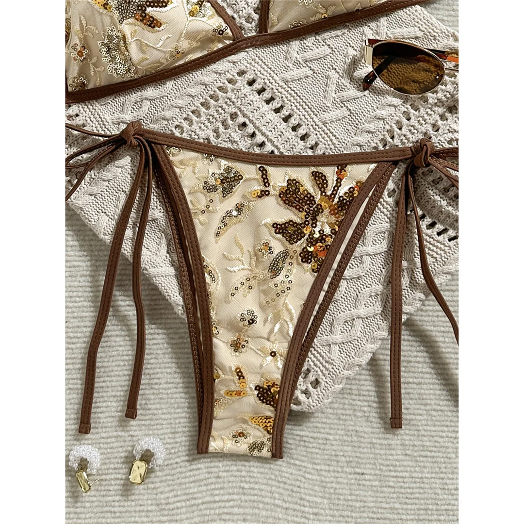 Bedruckter Bikini mit Pailletten, Neckholder-Design, Damen-Badebekleidung, zweiteiliger Bikini, hoher Beinausschnitt, Badeanzug, Badebekleidung, Modell V8237. – Detail 30