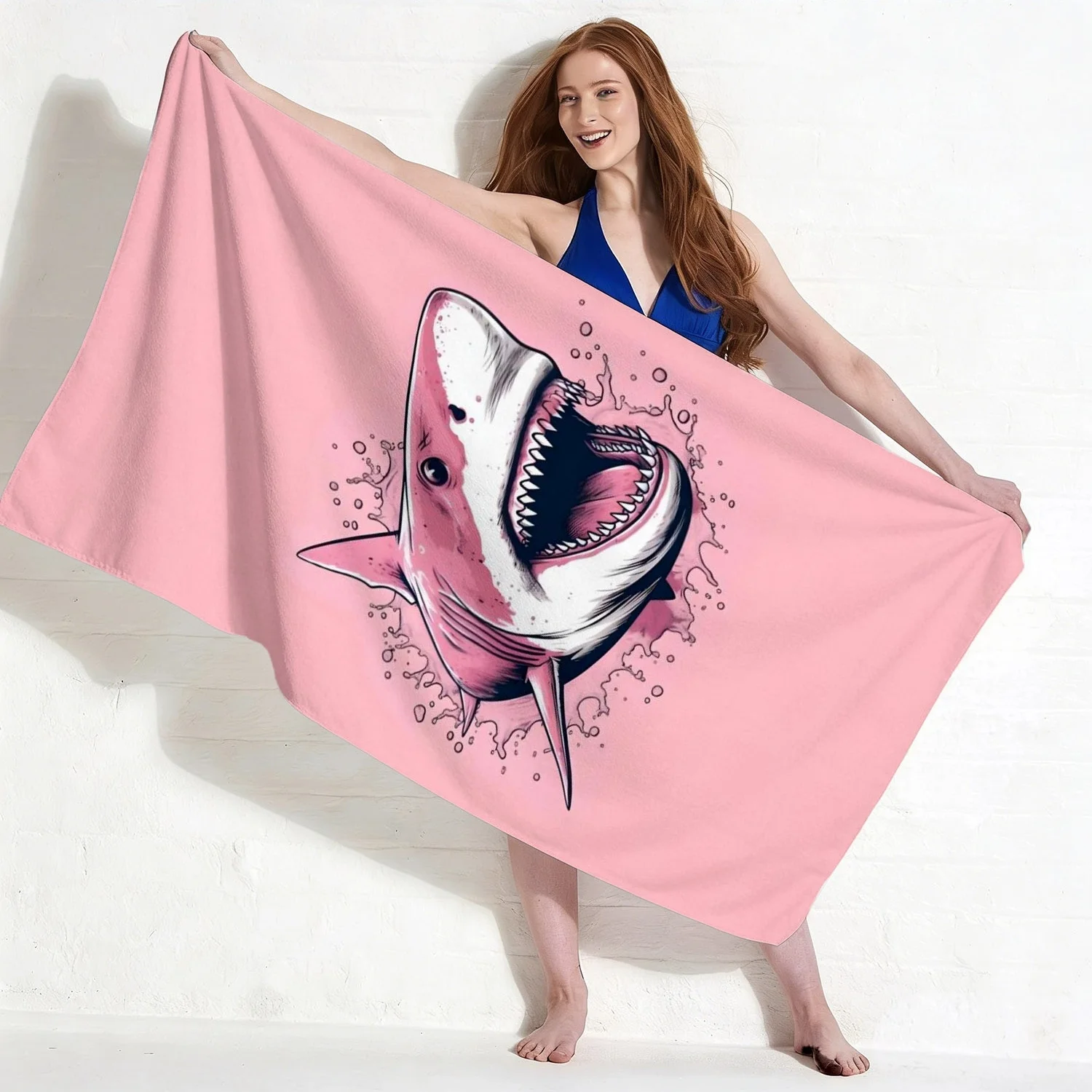 Pastel Pink Shark Towel, Striking Great White Shark on Pink Background Print Bath Towel, Eye-Catching Summer Essential 1pcs