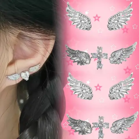 Wing Cross Earrings Double Earrings Piercing Stackable Ear Bone Stud DIY Silver Ear Studs for Women Girls Y2K Punk Earings Gifts