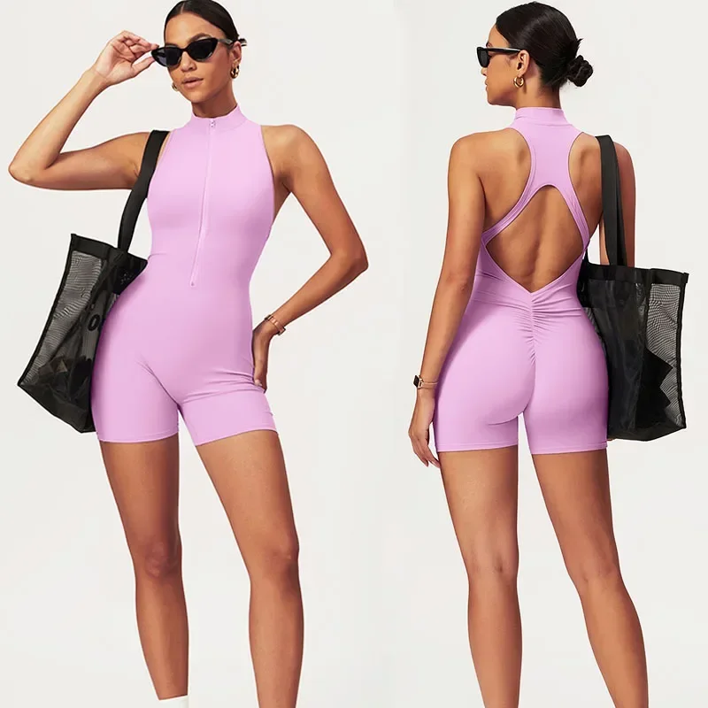Aiithuug Zipper Yoga Jumpsuits Sleeveless Padded Bra Cup Workout Jumpsuit Zip Up Romper Bottom Shorts Bodysuit Bodycon One Piece