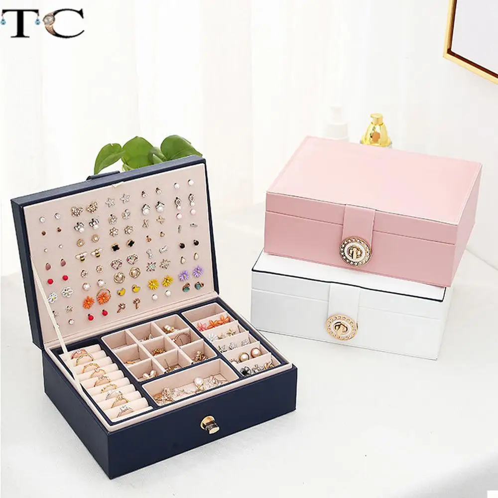 Large-Capacity Double-Layer Jewelry Storage Box for Rings Earrings Bracelets and Necklace Snap-Closure European Minimalist Style