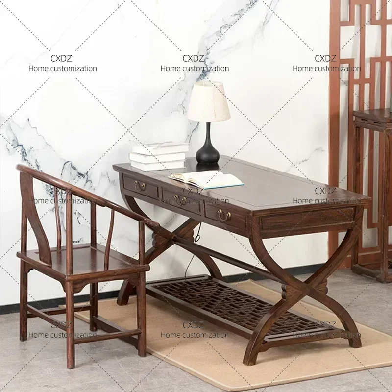 Modern New Chinese Style Solid Wood Old Elm Desk with Drawer Antique Classic Writing Computer Table Bookcase Study Furniture