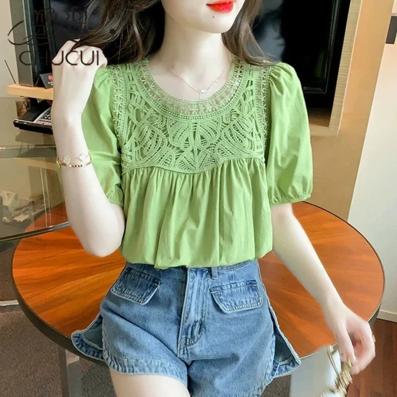 Office Lady Lace Patchwork Loose Solid Shirt Tops Women Clothing New Short Sleeve Simplicity Elegant Blouse Fashion Trend Summer