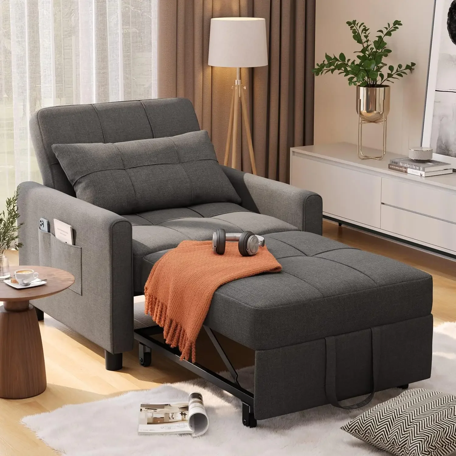 

Convertible Futon Sofa Bed, 3-in-1 Multi-Functional Sleeper Chair Bed, Adjustable Backrest Recliner with Modern Linen Fabric