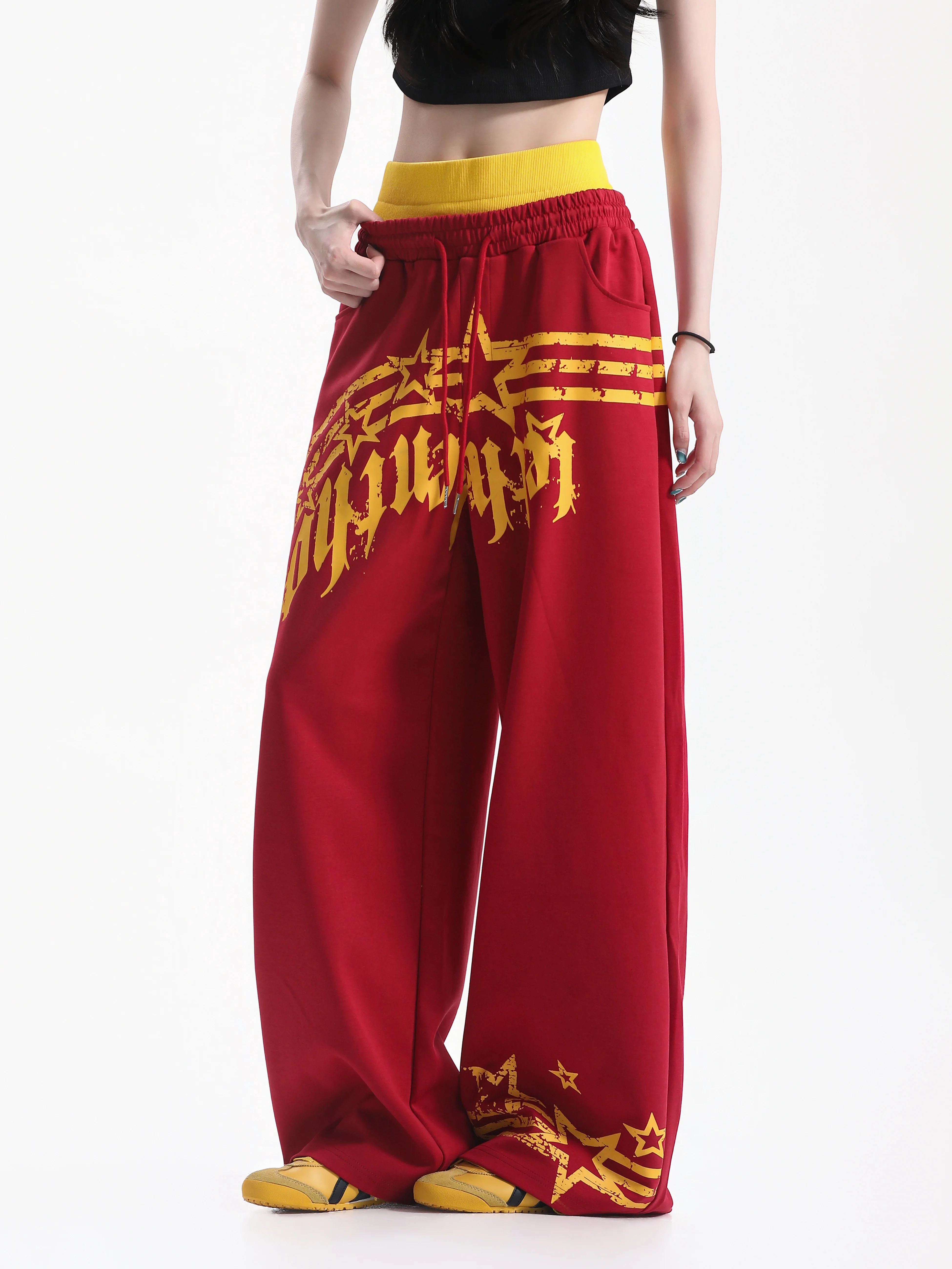 Street Style Wide Leg Pants Color Block Casual Trousers High Waist Straight Cut Floor Length Pants Asymmetrical Design