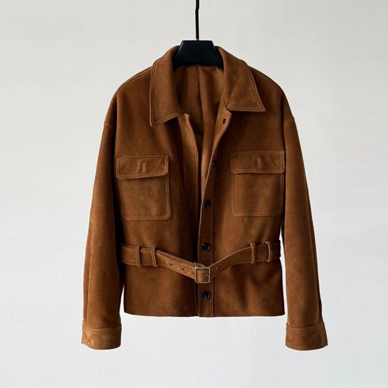 Imported A-level Goatskin Women's Kid Suede Jacket 2025 Fall Fashion Belt Pockets Female Real Leather Suede Short Jacket Tops